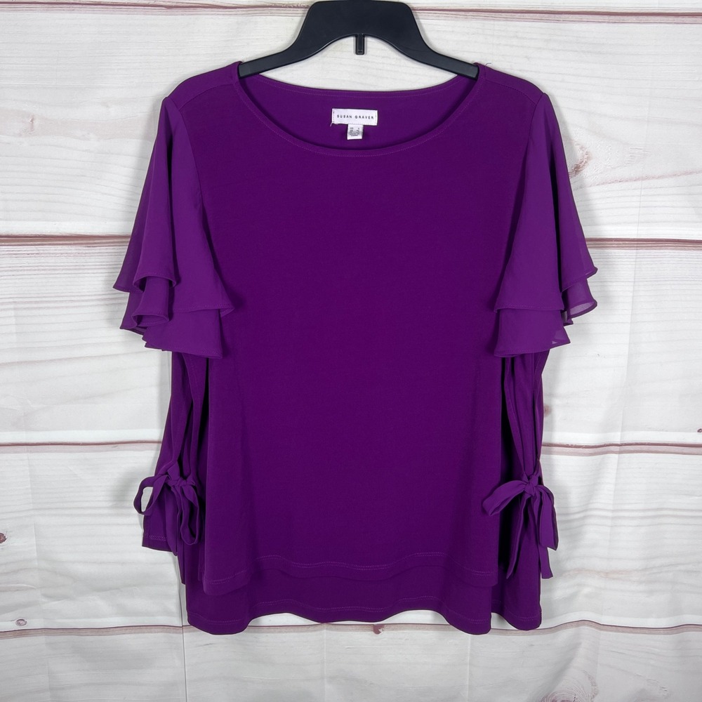 Susan Graver Liquid Knit Top Womens Large Purple Flutter Sleeve Side Tie Blouse
